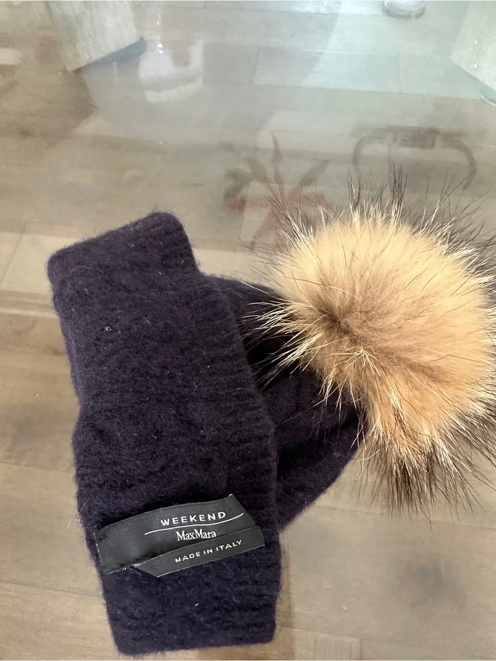 MaxMara Navy Cable Knit Pom Pom Hat with Tan Fur